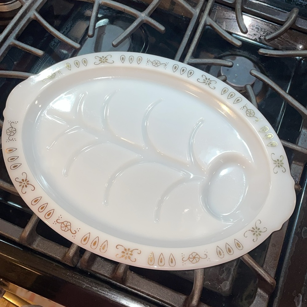 Fire King vintage  Turkey or chicken plate, gold designs. Really retro unique.
